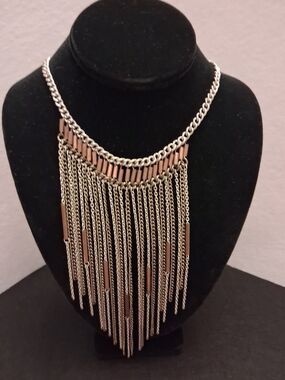 Statement Fringe Necklace in Silver Tone and Copper Tone - Women Southwest